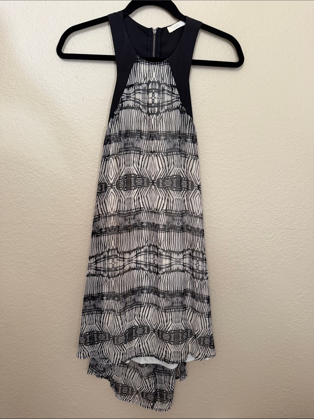 Lush Sleeveless Black & White Patterned Halter Open Back Hi-Lo Dress- Size Small